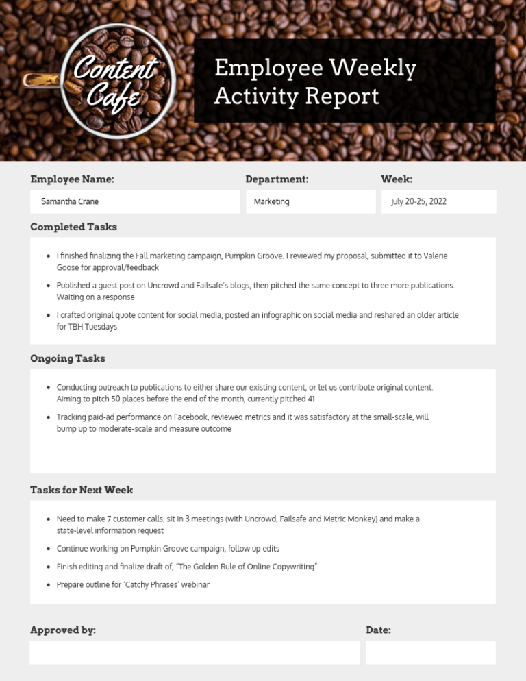 Employee Weekly Status Report Template Venngage With Marketing Weekly