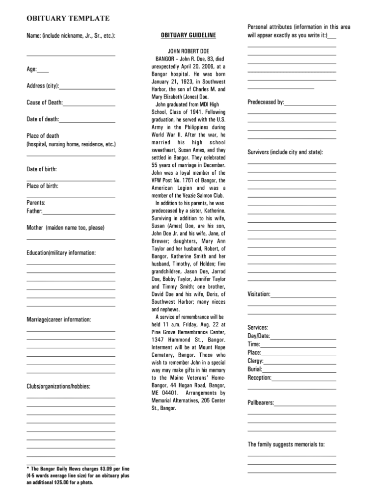 Free Printable Obituary Template Fill Online Printable With Regard