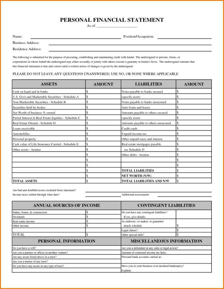 10 Fillable Personal Financial Statement | Payment Format throughout ...