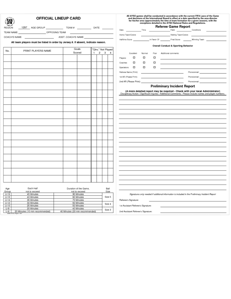 20 Images Of Ayso Game Card Template | Netpei pertaining to Soccer ...