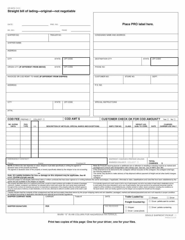 40 Free Bill Of Lading Forms And Templates Template Lab Pertaining To Blank Bol Template 5057