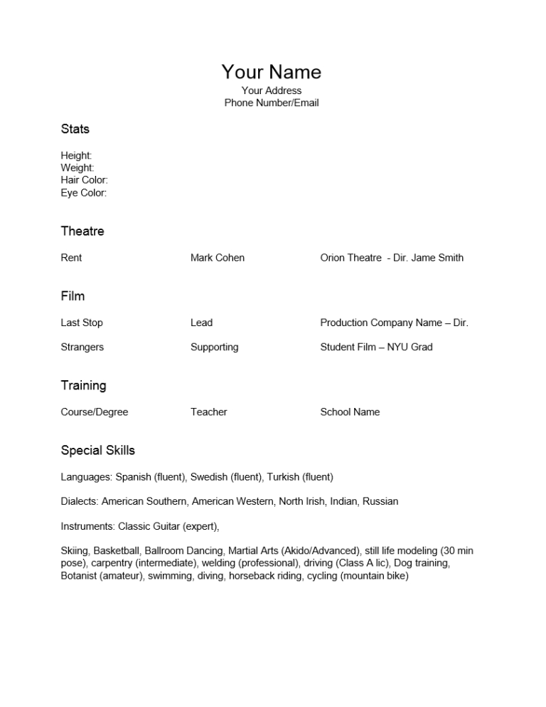 Acting Resume Template : Resume Templates Regarding Theatrical Resume ...