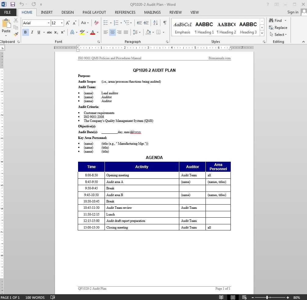 Audit Plan Iso Template Qp1020 2 Pertaining To Internal Audit Report