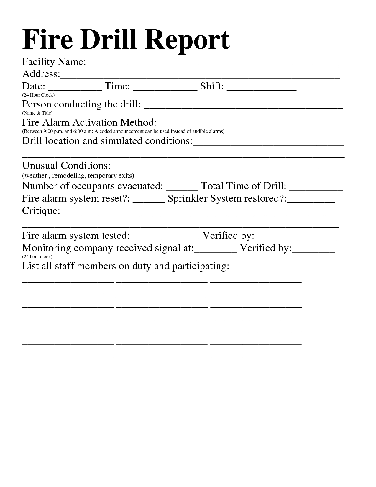 Printable Fire Drill Checklist Template Printable World Holiday