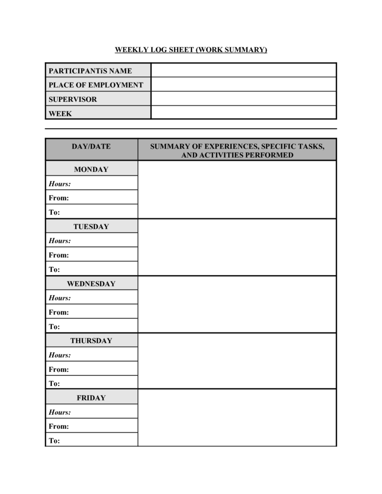 Best Photos Of Work Summary Template – Weekly Work Log Sheet regarding ...