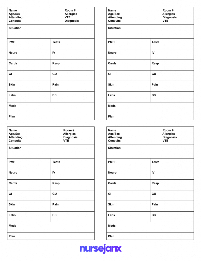 Brain Nursing Report Sheet 4 Patients Per Page Nursejanx Regarding 