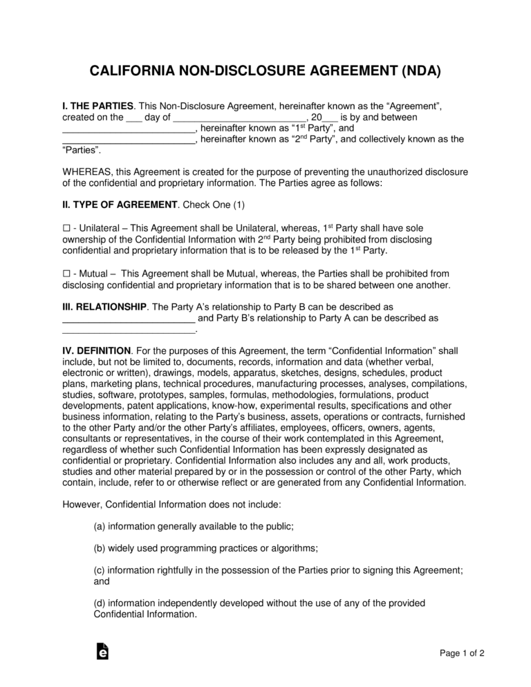 California Non Disclosure Agreement (Nda) Template | Eforms For Nda ...