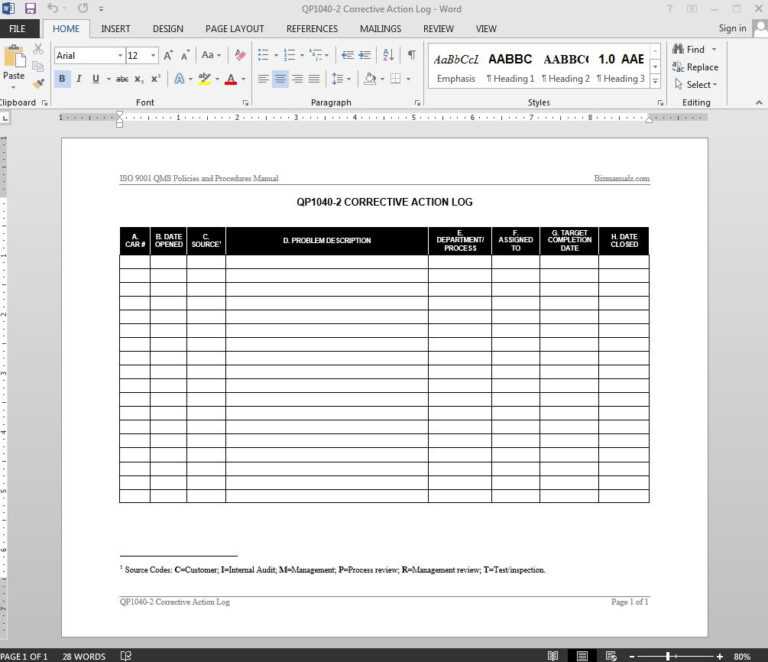 Corrective Action Log Iso Template Qp1040 2 With Corrective Action