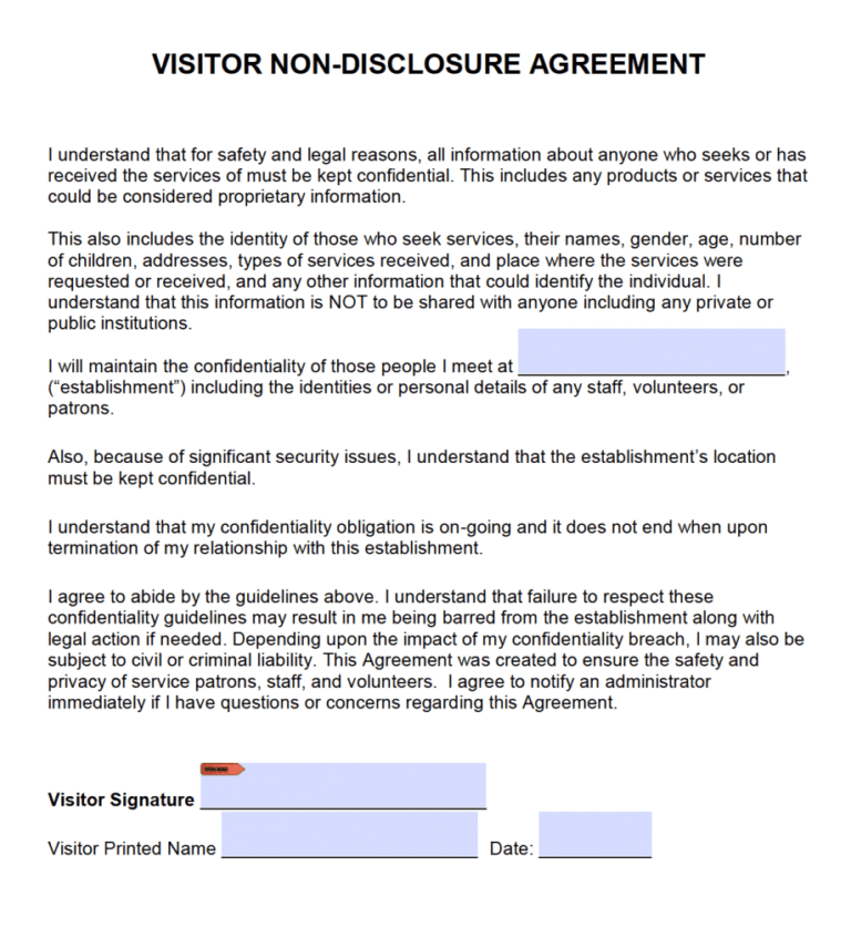 Free Visitor Non Disclosure Agreement (Nda) Pdf Word ( docx) Within