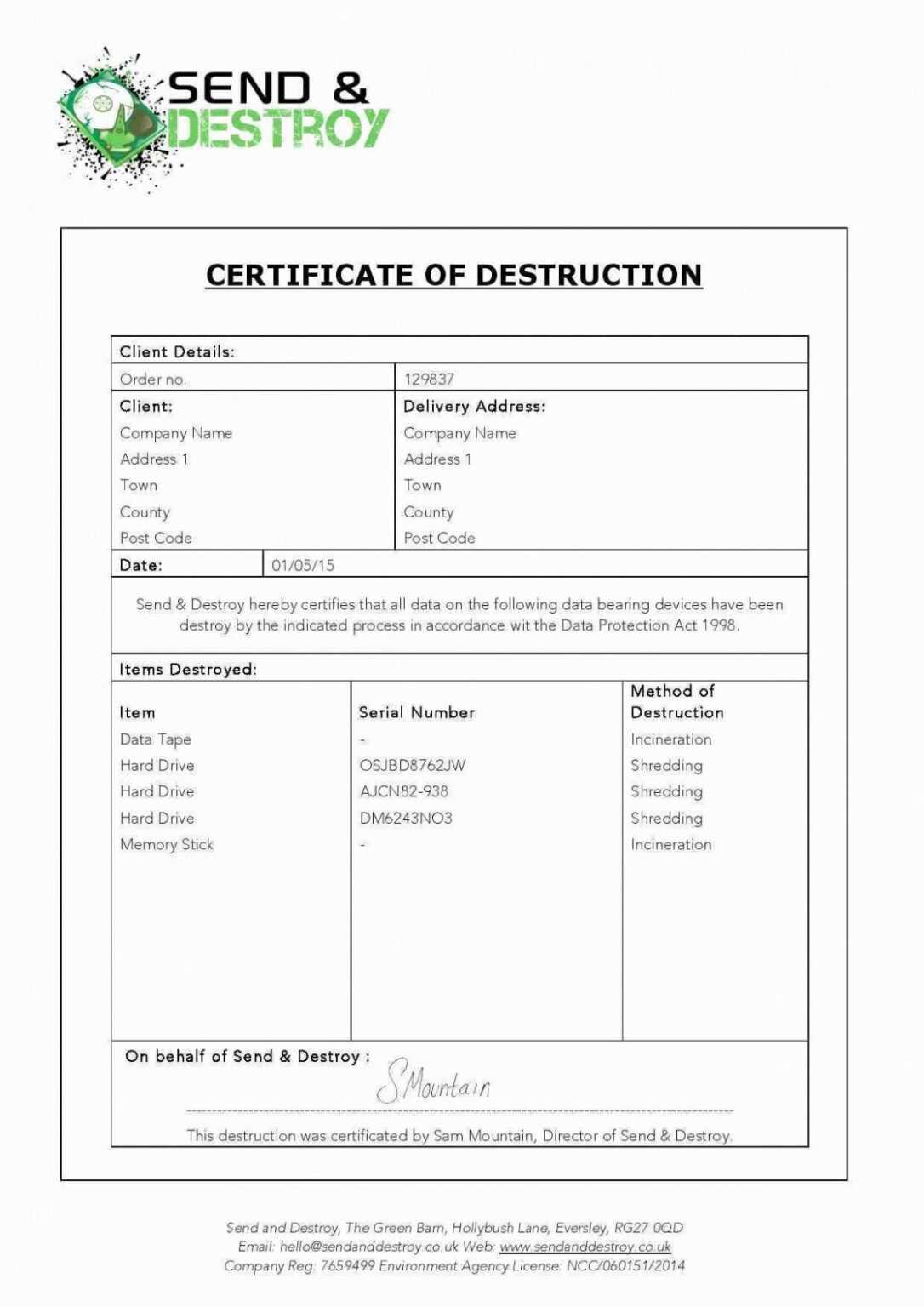 Certificat De Destruction