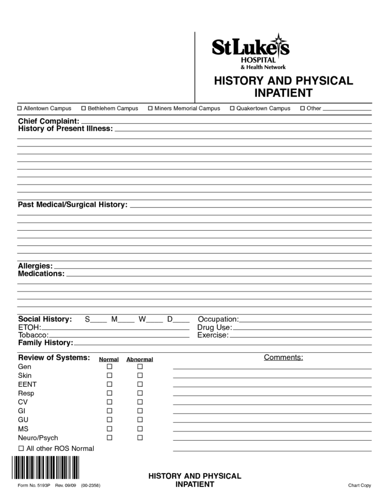 History And Physical Template Word Professional Template