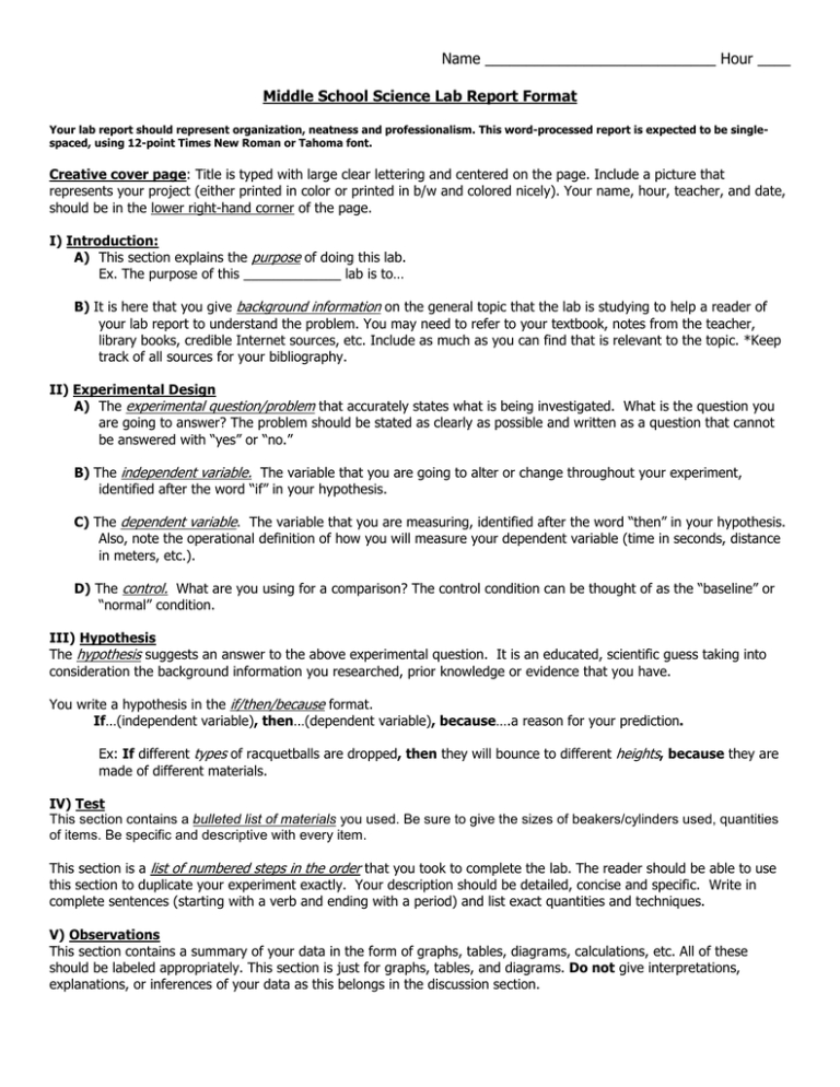 Middle School Science Lab Report Format For Science Experiment Report 