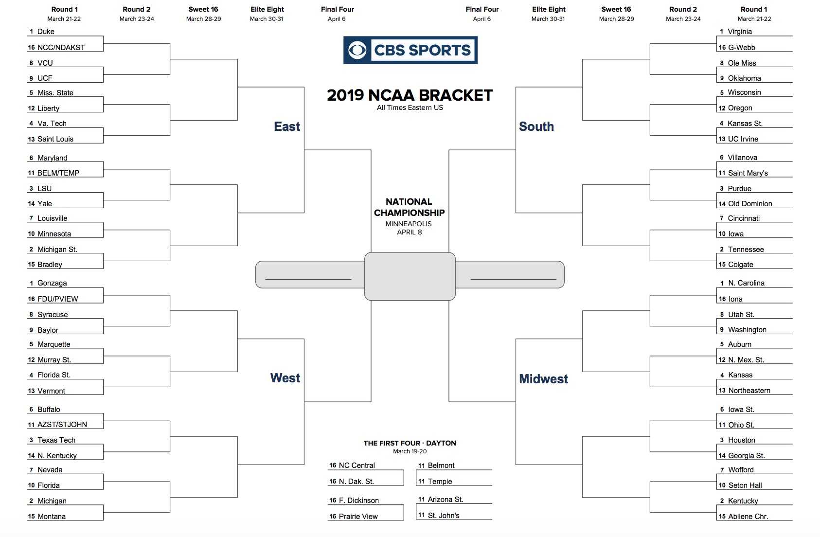 Printable Ncaa Tournament Bracket For March Madness 2019 Inside Blank 