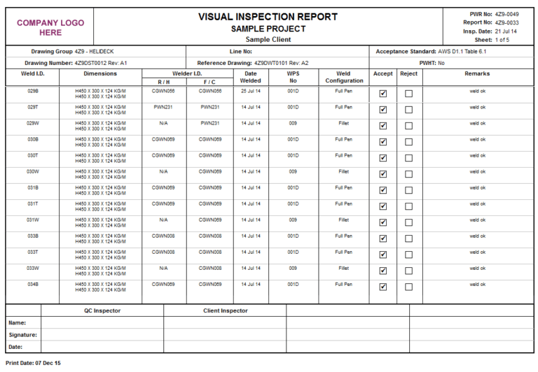 Welding Inspection Report Template