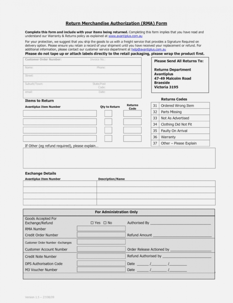Return Material Authorization Rma Form Legal Forms And Of In Rma Report